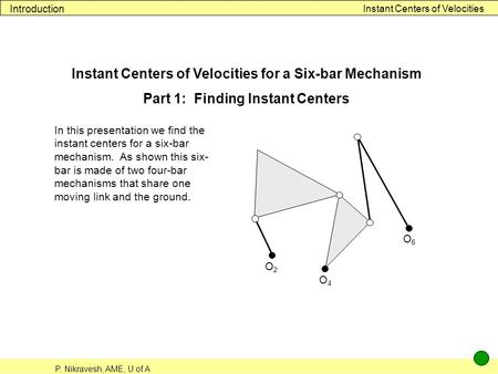 P. Nikravesh, AME, U of A Instant Centers of Velocities Introduction Instant Centers of Velocities for a Six-bar Mechanism Part 1: Finding Instant Centers.
