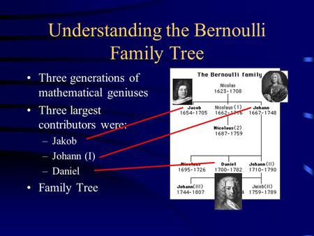 Understanding the Bernoulli Family Tree Three generations of mathematical geniuses Three largest contributors were: –Jakob –Johann (I) –Daniel Family Tree.