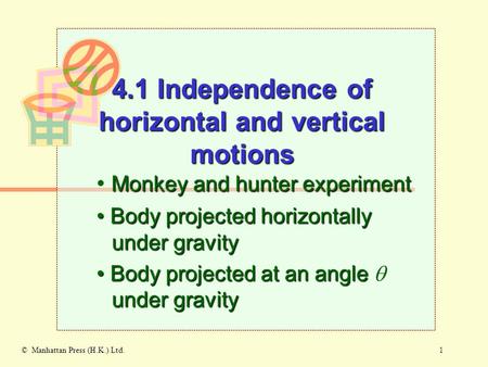 1© Manhattan Press (H.K.) Ltd. Monkey and hunter experiment Body projected horizontally under gravity Body projected horizontally under gravity Body projected.