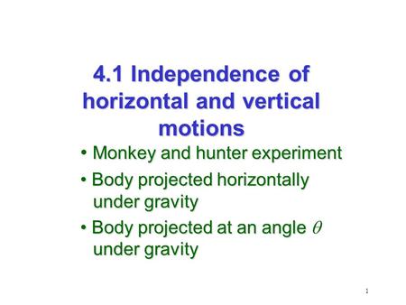 1 Monkey and hunter experiment Body projected horizontally under gravity Body projected horizontally under gravity Body projected at an angle under gravity.
