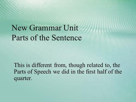 New Grammar Unit Parts of the Sentence This is different from, though related to, the Parts of Speech we did in the first half of the quarter.