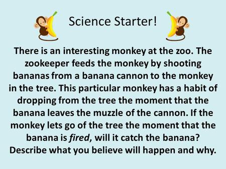 Science Starter! There is an interesting monkey at the zoo. The zookeeper feeds the monkey by shooting bananas from a banana cannon to the monkey in the.