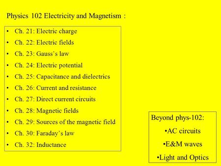 Ch. 21: Electric charge Ch. 22: Electric fields Ch. 23: Gauss’s law Ch. 24: Electric potential Ch. 25: Capacitance and dielectrics Ch. 26: Current and.
