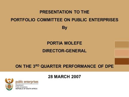 PRESENTATION TO THE PORTFOLIO COMMITTEE ON PUBLIC ENTERPRISES By PORTIA MOLEFE DIRECTOR-GENERAL ON THE 3 RD QUARTER PERFORMANCE OF DPE 28 MARCH 2007.