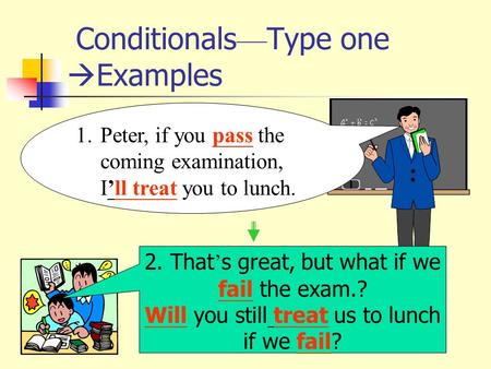 Conditionals — Type one  Examples 1.Peter, if you pass the coming examination, I’ll treat you to lunch. 2. That ’ s great, but what if we fail the exam.?