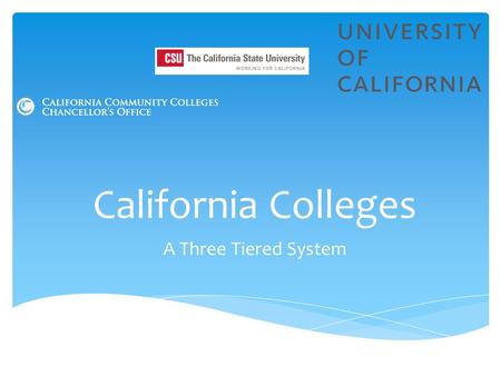 California Colleges A Three Tiered System.  Higher Education System— California’s three-tiered higher ed. system has firm guidelines that govern:  what.