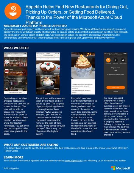 Appetito Helps Find New Restaurants for Dining Out, Picking Up Orders, or Getting Food Delivered, Thanks to the Power of the Microsoft Azure Cloud Platform.