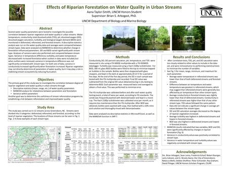 Effects of Riparian Forestation on Water Quality in Urban Streams Aana Taylor-Smith, UNCW Honors Student Supervisor: Brian S. Arbogast, PhD. UNCW Department.