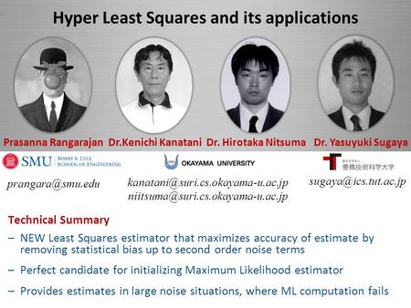 Hyper Least Squares and its applications Dr.Kenichi Kanatani Dr. Hirotaka Nitsuma Dr. Yasuyuki SugayaPrasanna Rangarajan