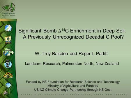 Significant Bomb  14 C Enrichment in Deep Soil: A Previously Unrecognized Decadal C Pool? W. Troy Baisden and Roger L Parfitt Landcare Research, Palmerston.