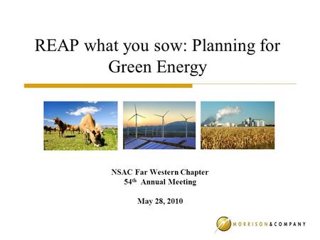 NSAC Far Western Chapter 54 th Annual Meeting May 28, 2010 REAP what you sow: Planning for Green Energy.