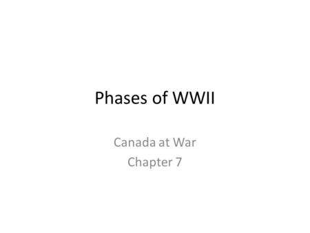 Phases of WWII Canada at War Chapter 7. Phase 1 September 1939 – June 1940 The Axis 1939 Germany Italy Japan (Germany had also signed a non-aggression.