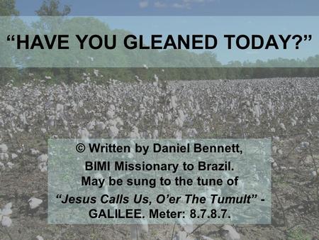 “HAVE YOU GLEANED TODAY?” © Written by Daniel Bennett, BIMI Missionary to Brazil. May be sung to the tune of “Jesus Calls Us, O’er The Tumult” - GALILEE.