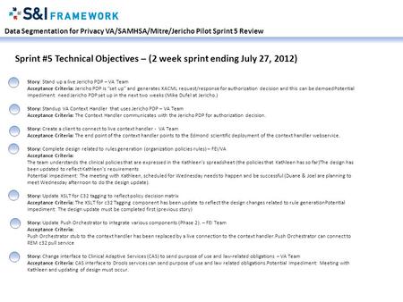 Data Segmentation for Privacy VA/SAMHSA/Mitre/Jericho Pilot Sprint 5 Review Sprint #5 Technical Objectives – (2 week sprint ending July 27, 2012) Story: