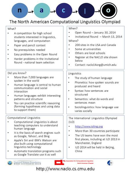 The North American Computational Linguistics Olympiad When? Open Round – January 30, 2014 Invitational Round – March 13, 2014 Where? 200 sites in the USA.