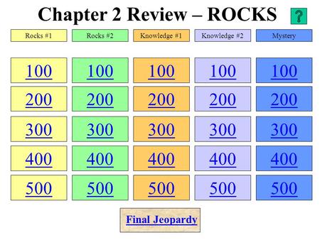 Chapter 2 Review – ROCKS 100 200 300 400 500 100 200 300 400 500 100 200 300 400 500 100 200 300 400 500 100 200 300 400 500 Rocks #1Rocks #2Knowledge.