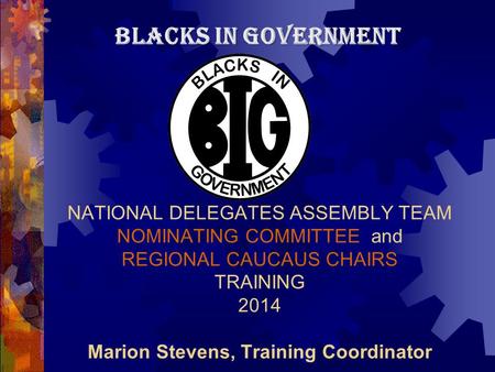 NATIONAL DELEGATES ASSEMBLY TEAM NOMINATING COMMITTEE and REGIONAL CAUCAUS CHAIRS TRAINING 2014 Marion Stevens, Training Coordinator BLACKS IN GOVERNMENT.