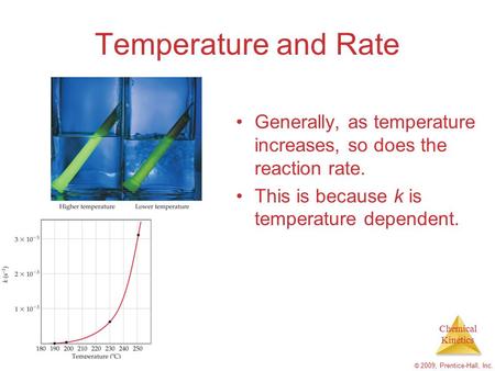Chemical Kinetics © 2009, Prentice-Hall, Inc. Temperature and Rate Generally, as temperature increases, so does the reaction rate. This is because k is.