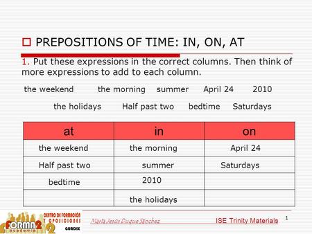 1  PREPOSITIONS OF TIME: IN, ON, AT atinon 1. Put these expressions in the correct columns. Then think of more expressions to add to each column. the.