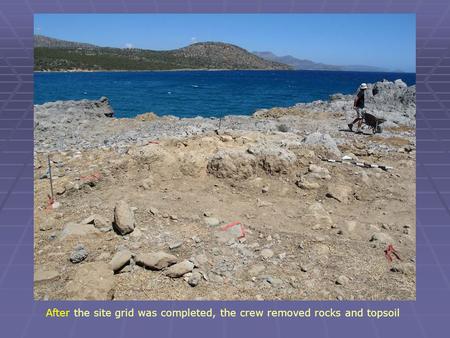 After the site grid was completed, the crew removed rocks and topsoil.