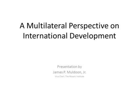 A Multilateral Perspective on International Development Presentation by James P. Muldoon, Jr. Vice Chair, The Mosaic Institute.