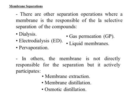 • Electrodialysis (ED). • Liquid membranes. • Pervaporation.