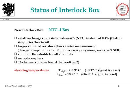 PIXEL WEEK September 1999 S. Kersten University of Wuppertal 1 Status of Interlock Box New Interlock Box: NTC -I Box q relative changes in resistor values.
