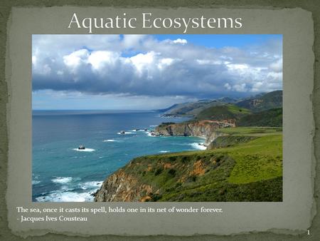Aquatic Ecosystems The sea, once it casts its spell, holds one in its net of wonder forever. - Jacques Ives Cousteau.