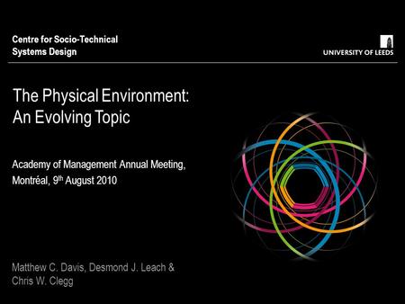 The Physical Environment: An Evolving Topic Academy of Management Annual Meeting, Montréal, 9 th August 2010 Centre for Socio-Technical Systems Design.