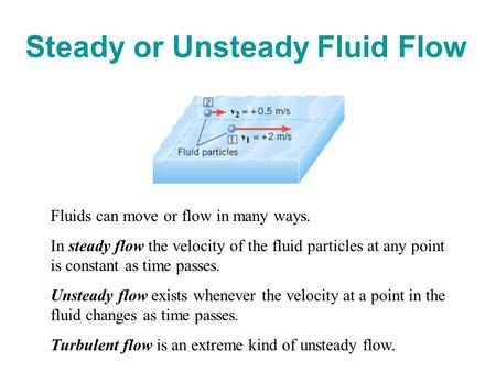 Steady or Unsteady Fluid Flow Fluids can move or flow in many ways. In steady flow the velocity of the fluid particles at any point is constant as time.