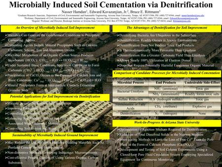 Microbially Induced Soil Cementation via Denitrification Nasser Hamdan 1, Edward Kavazanjian, Jr. 2, Bruce E. Rittmann 3 1 Graduate Research Associate,