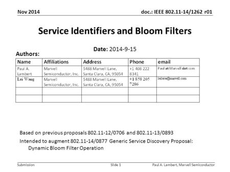 Doc.: IEEE 802.11-14/1262 r01 Submission Paul A. Lambert, Marvell SemiconductorSlide 1 Service Identifiers and Bloom Filters Date: 2014-9-15 Authors: Based.