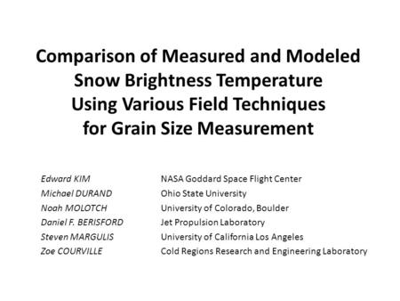 Comparison of Measured and Modeled Snow Brightness Temperature Using Various Field Techniques for Grain Size Measurement Edward KIM NASA Goddard Space.