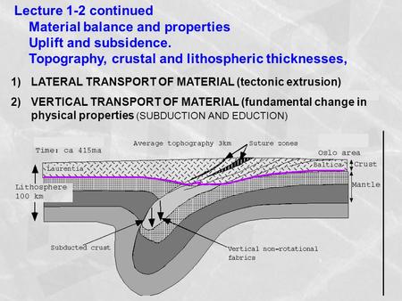 Lecture 1-2 continued Material balance and properties Uplift and subsidence. Topography, crustal and lithospheric thicknesses, 1)LATERAL TRANSPORT OF MATERIAL.