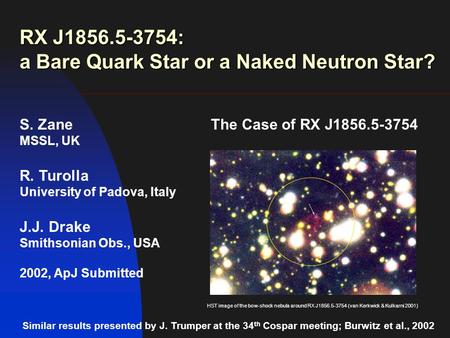 The Case of RX J1856.5-3754 HST image of the bow-shock nebula around RX J1856.5-3754 (van Kerkwick & Kulkarni 2001) S. Zane MSSL, UK R. Turolla University.