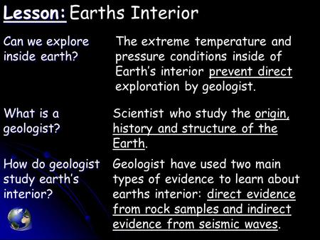 Lesson: Lesson:Earths Interior Can we explore inside earth? The extreme temperature and pressure conditions inside of Earth’s interior prevent direct exploration.