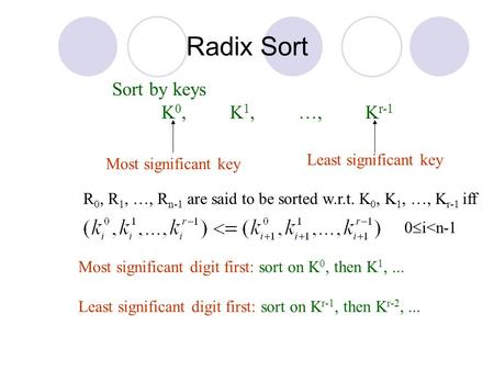 Radix Sort Sort by keys K 0, K 1, …, K r-1 Most significant key Least significant key R 0, R 1, …, R n-1 are said to be sorted w.r.t. K 0, K 1, …, K r-1.