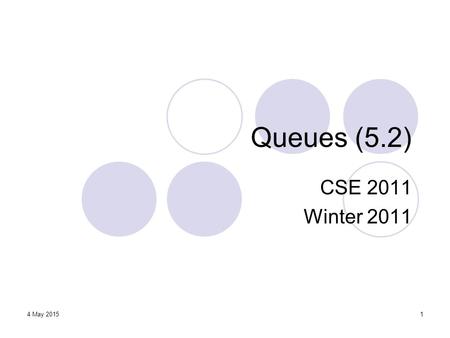 1 Queues (5.2) CSE 2011 Winter 2011 4 May 2015. Announcements York Programming Contest https://wiki.cse.yorku.ca/project/ACM/ Link also available from.