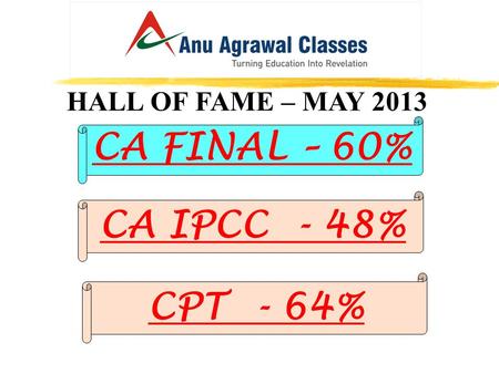 HALL OF FAME – MAY 2013 CA FINAL – 60% CA IPCC - 48% CPT - 64%