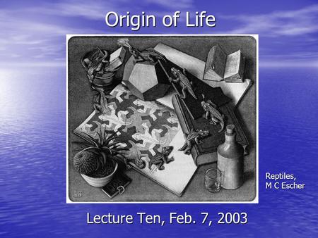Origin of Life Lecture Ten, Feb. 7, 2003 Reptiles, M C Escher.