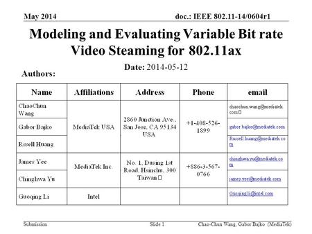 Doc.: IEEE 802.11-14/0604r1 Submission May 2014 Slide 1 Modeling and Evaluating Variable Bit rate Video Steaming for 802.11ax Date: 2014-05-12 Authors: