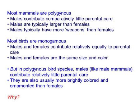 Most mammals are polygynous Males contribute comparatively little parental care Males are typically larger than females Males typically have more ‘weapons’