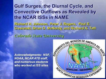 Gulf Surges, the Diurnal Cycle, and Convective Outflows as Revealed by the NCAR ISSs in NAME Richard H. Johnson, Peter J. Rogers, Paul E. Ciesielski, Brian.