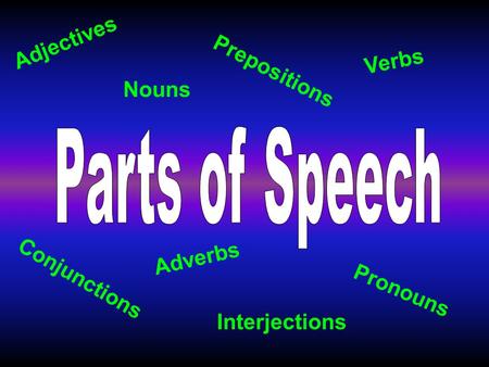 Parts of Speech Adjectives Prepositions Verbs Nouns Adverbs