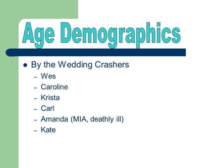 By the Wedding Crashers – Wes – Caroline – Krista – Carl – Amanda (MIA, deathly ill) – Kate.