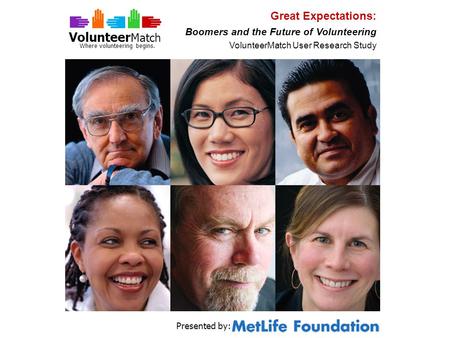 Volunteer Match Where volunteering begins. 1 Great Expectations: Boomers and the Future of Volunteering VolunteerMatch User Research Study Presented by: