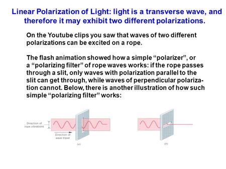 Linear Polarization of Light: light is a transverse wave, and therefore it may exhibit two different polarizations. On the Youtube clips you saw that waves.
