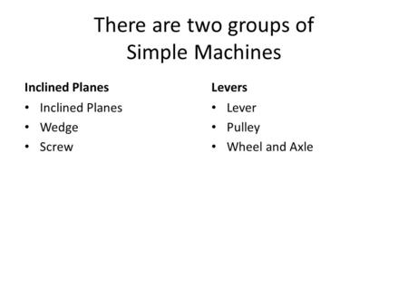 There are two groups of Simple Machines Inclined Planes Wedge Screw Levers Lever Pulley Wheel and Axle.
