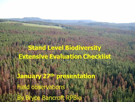 Stand Level Biodiversity Extensive Evaluation Checklist January 27 th presentation Field observations By Bryce Bancroft RPBio.