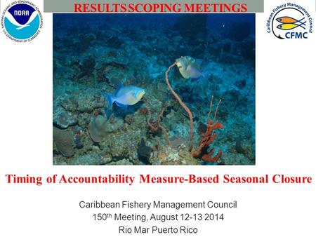 Caribbean Fishery Management Council 150 th Meeting, August 12-13 2014 Rio Mar Puerto Rico RESULTS SCOPING MEETINGS Timing of Accountability Measure-Based.